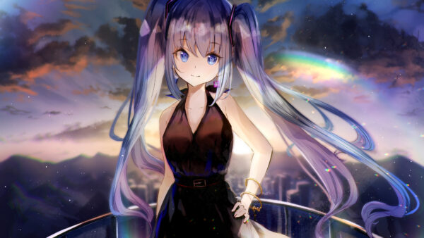 Wallpaper With, Background, Hair, Blue, Black, Standing, Eyes, Long, Dress, Sky, Anime, Girl