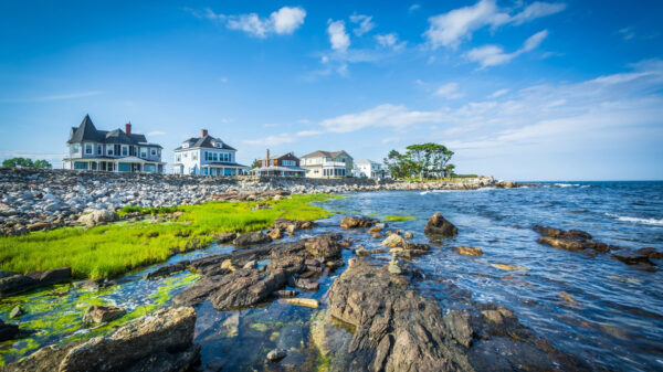 Wallpaper Trees, Ocean, Sky, Under, Water, Nature, Houses, Grass, Stones, Blue, Green