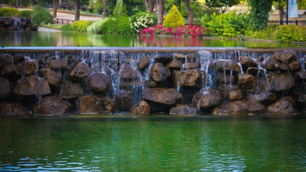 Wallpaper Waterfalls, Stones, Colorful, Garden, Scenery, Background, Flowers, Nature