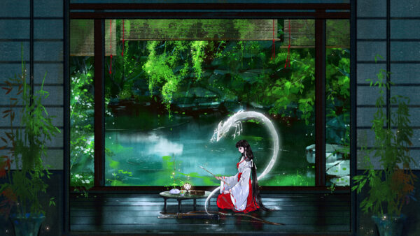 Wallpaper Girl, White, Kikyo, Red, Snake, Anime, Dress