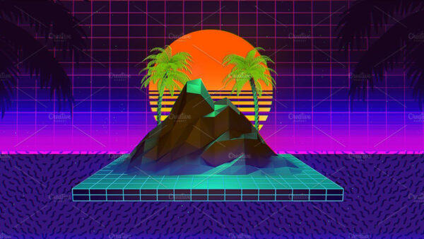 Wallpaper Sky, Palm, Vaporwave, Background, Moon, Mountain, Trees