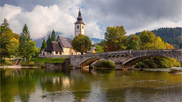 Wallpaper Travel, Church, Bohinj, Lake, Desktop, Bridge, Slovenia