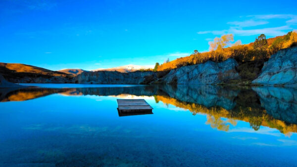 Wallpaper Yellow, Leaves, River, Sky, Wood, Body, Dock, Water, Blue, Scenery, Trees, Reflection, Calm, Under, Beautiful