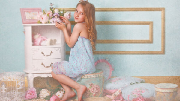Wallpaper Cute, Background, Wearing, Sitting, Blue, Dress, WALL, Little, Girl