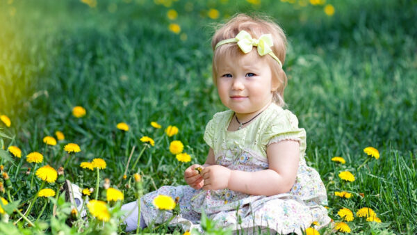 Wallpaper Yellow, Wearing, Frock, Girl, Desktop, Sitting, Baby, Little, Colorful, Flowers, Child, Cute, Green, Near, Grass