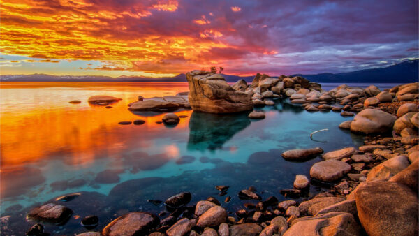 Wallpaper Yellow, Black, Reflection, Sky, Nature, Water, Blue, Under, Stones, Clouds