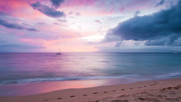 Wallpaper Cloudy, Sky, Pink, Under, White, Beautiful, Beach