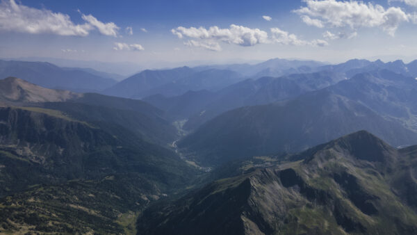 Wallpaper Sky, White, Mobile, Greenery, Between, Clouds, Under, Blue, Desktop, Mountains, River, Slope