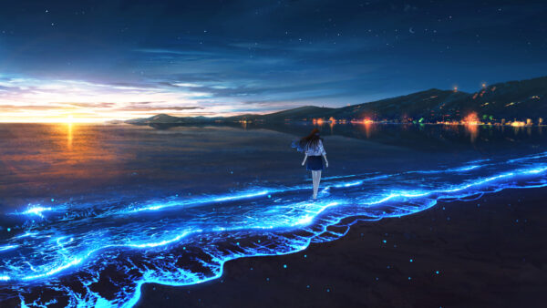 Wallpaper Sunset, Beach, Girl, Starry, Evening, Anime, Sky