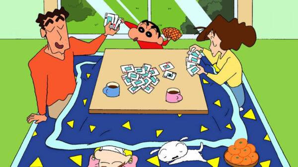 Wallpaper Shinchan, With, Parents, Playing, Cards