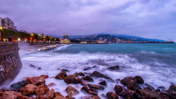 Wallpaper View, City, Rocks, Waves, Ocean, Landscape, Buildings