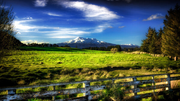 Wallpaper Under, Nature, With, White, View, Mountain, Sky, Beautiful, Green, Snow, Clouds, Scenery, Capped, Fence, Blue, Grass, Field, Landscape