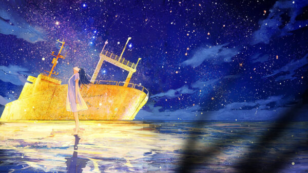 Wallpaper Reflection, Sky, Starry, Water, Anime, Ship, Girl