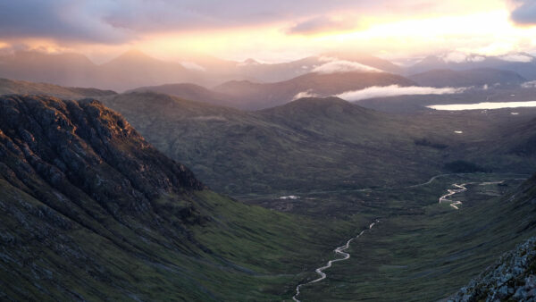 Wallpaper Valley, Stream, River, Mountains, Nature, Grass, Rock, Field, Aerial, View, Desktop
