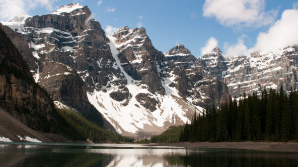 Wallpaper Slope, Forest, Landscape, Reflection, Mountains, With, Trees, Nature, Snow, Lake, Sky, View, Blue, Under, Rock, Clouds