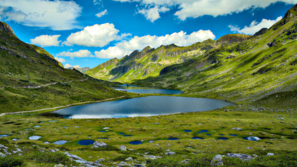Wallpaper Mobile, Blue, Surrounded, Green, Clouds, Under, White, Mountains, Field, Beautiful, And, Desktop, Nature, Grass, Lake, Sky
