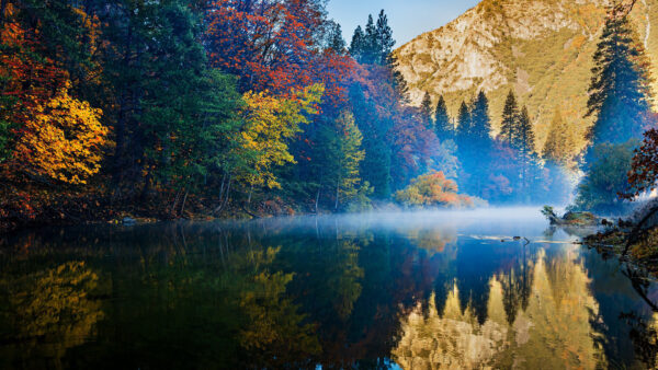 Wallpaper Sky, Lake, Reflection, Blue, Colorful, Mountain, Beautiful, Scenery, Nature, Background, Autumn, Trees