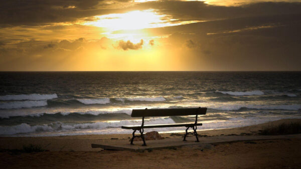 Wallpaper With, Waves, Bench, Desktop, Seashore, Sky, And, Under, Cloudy, Sunset