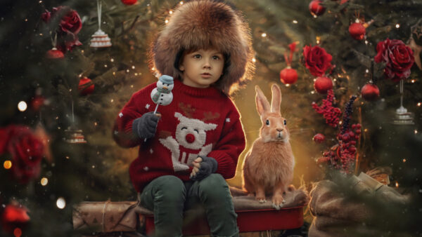 Wallpaper Rabbit, Near, Desktop, Sitting, Decorated, Tree, With, Small, Boy, Ornaments, Background, Christmas