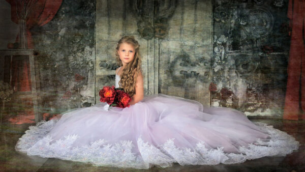 Wallpaper Girl, Cute, Sitting, Wearing, Dress, Net, Floor, With, White, Little, Flowers