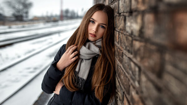 Wallpaper Ash, Girls, Girl, Dress, Wearing, WALL, Leaning, Muffler, Brick, Black, Model, And