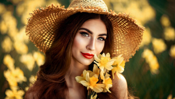 Wallpaper With, Hat, Wearing, Field, Flowers, Yellow, Standing, Blur, Girl, Girls, Model, Big, Background