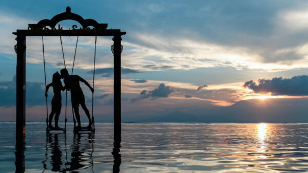 Wallpaper Sky, Swing, Standing, Moon, Background, Water, Blue, Reflection, Black, Couple