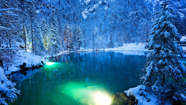 Wallpaper Surrounded, Covered, Reflection, Water, Snow, Trees, Lake, Lights, Mountains, Winter