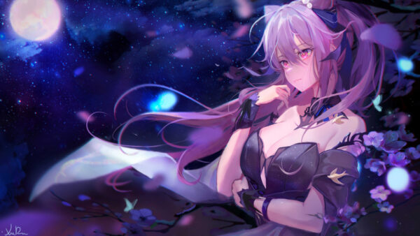 Wallpaper Background, Purple, Sky, Eyes, Hair, Keqing, Impact, Genshin, Pink