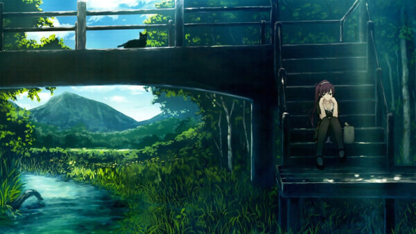 Wallpaper Cat, Girl, Green, Plants, Background, Anime, Bridge, Trees, Grass