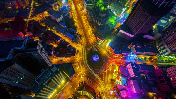 Wallpaper Buildings, Bing, Skyscraper, View, Colorful, Neon, Aerial, Road