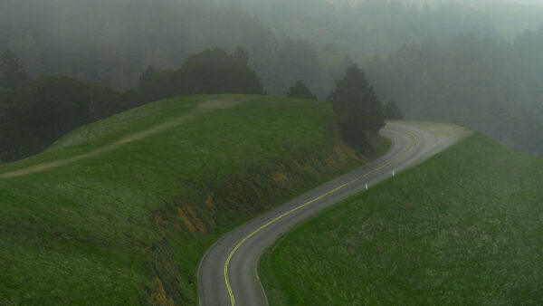 Wallpaper With, Curve, Grass, Road, Nature, Between, Mountains, Fog, Field, Trees, Slope