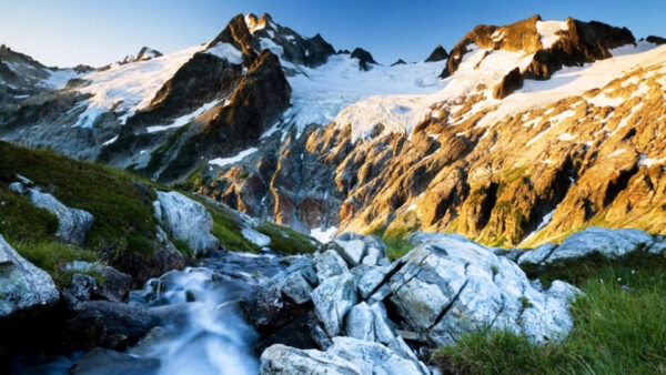 Wallpaper Mountains, Snow, Slope, Sky, Greenery, Blue, Rock, Sunlight, With, Background, Nature