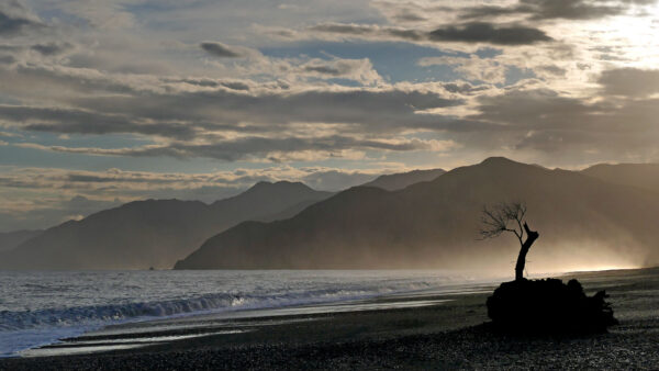 Wallpaper Blue, Clouds, Mountains, Background, Black, Sand, Beach, Under, Dry, Ocean, Nature, Sky, Tree, Waves