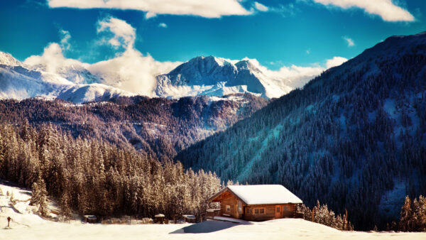 Wallpaper House, Mountains, Sky, Nature, Small, Blue, White, Trees, Under, Desktop, Snowy, Near, Mobile, Clouds