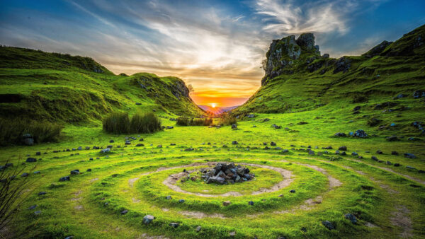 Wallpaper Covered, Nature, Sunrise, Rocks, Clouds, Mountains, Grass, Desktop, Sky, Green, Background, Algae, Yellow, Mobile, Black, Stones