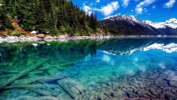Wallpaper Water, Nature, Mountains, Cloudy, And, Calm, Covered, Blue, Under, Trees, Snow, Coverd, Reflection, Body, Sky, Forest