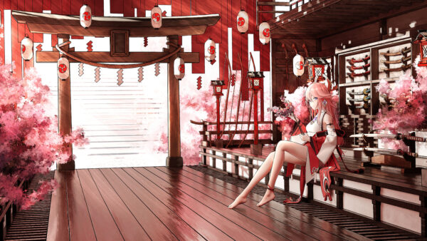 Wallpaper Genshin, Dress, Redhead, Miko, Impact, Yae, Red