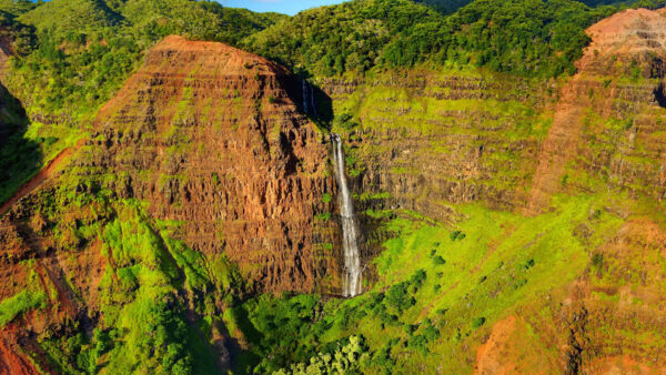 Wallpaper Tree, Sand, Nature, Green, Between, Waterfall, And, Covered, Desktop, Mountains