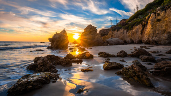 Wallpaper Sand, Rocks, Clouds, Sunset, Blue, Desktop, Beach, Stones, During, Under, White, Sky, Waves, Ocean