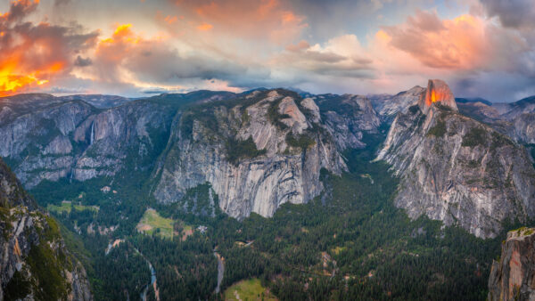 Wallpaper Sunset, Under, Rock, Mountains, View, Sky, Clouds, During, Mobile, Nature, Blue, Aerial, Village, Green, Trees, White, Desktop