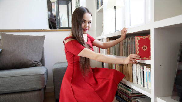 Wallpaper Girls, Sitting, Book, Dress, Model, Red, Shelves, Girl, Near, Wearing