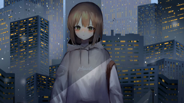Wallpaper Buildings, Anime, Hair, Green, Sweatshirt, Girl, Background, Short, Eyes