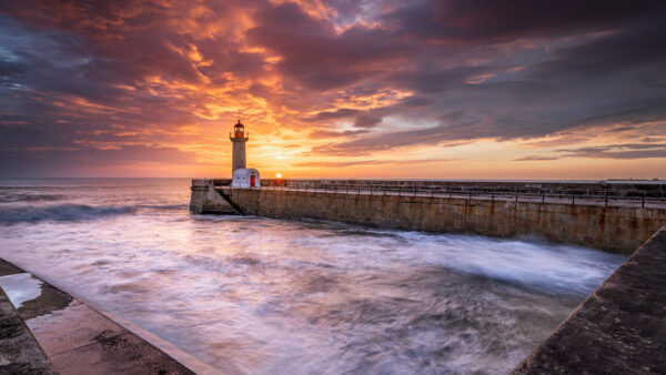 Wallpaper Ocean, View, Background, Waves, Nature, Silhouette, Lighthouse, Landscape