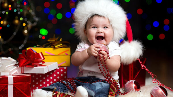 Wallpaper Christmas, Cute, Blue, Claus, Infant, And, Santa, Dress, Cap, Smiley, Gifts, With, White, Wearing