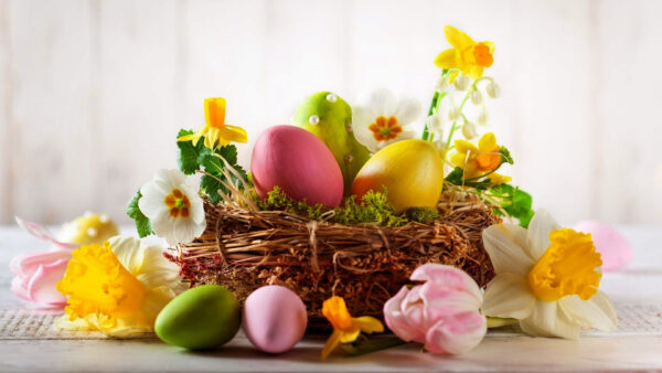 Wallpaper Basket, Blur, Flowers, Happy, Easter, Eggs, Green, Yellow, Pink, Background, Colorful