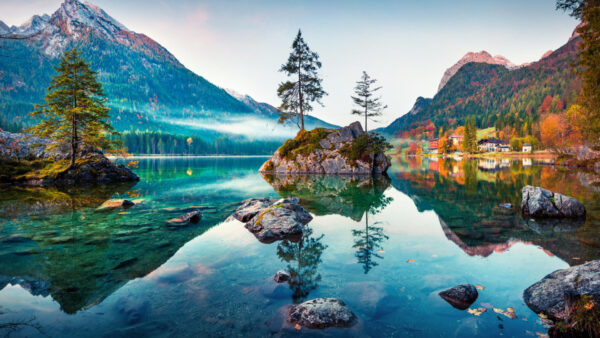 Wallpaper Desktop, Between, Nature, Covered, Landscape, Under, Lake, Mobile, Trees, Reflection, Green, Mountain