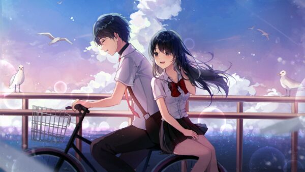 Wallpaper Uniform, Clouds, With, Beautiful, Anime, Sky, Couple, Pigeon, White, Birds, Background, Blue