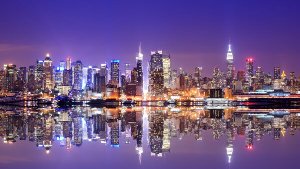 Wallpaper Glittering, Under, Desktop, Lights, York, New, With, Reflection, Mobile, Sky, Purple, Water, Cityscape, River, Buildings