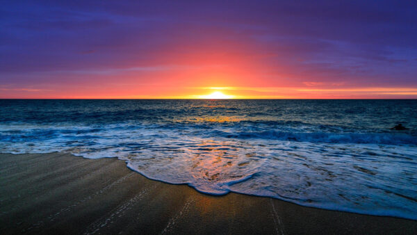 Wallpaper Nice, Sunset, Purple, Red, Waves, During, Ocean, Background, Sand, Clouds, Beach, Sky, Beautiful